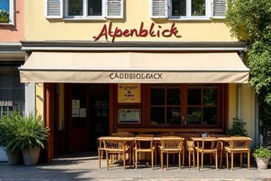 Exterior view of Alpenblick Café on a sunny day