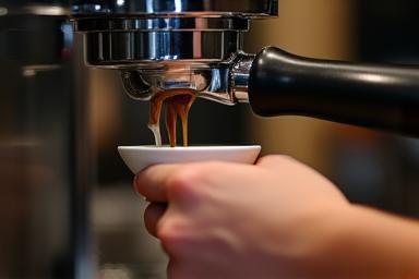 Barista carefully preparing an espresso shot
