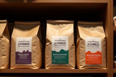Shelf displaying bags of Alpenblick retail coffee beans