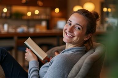 Happy customer enjoying coffee and a book in the cafe
