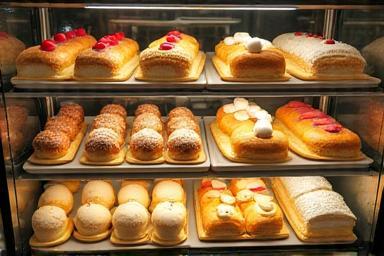 Display case filled with a variety of fresh pastries