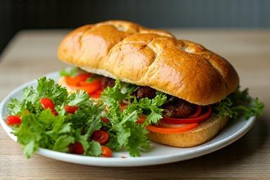 Plate featuring a gourmet sandwich and a small side salad
