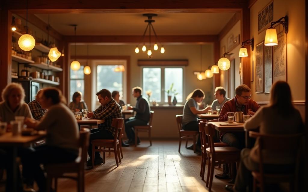 Cozy interior of Alpenblick Café with customers